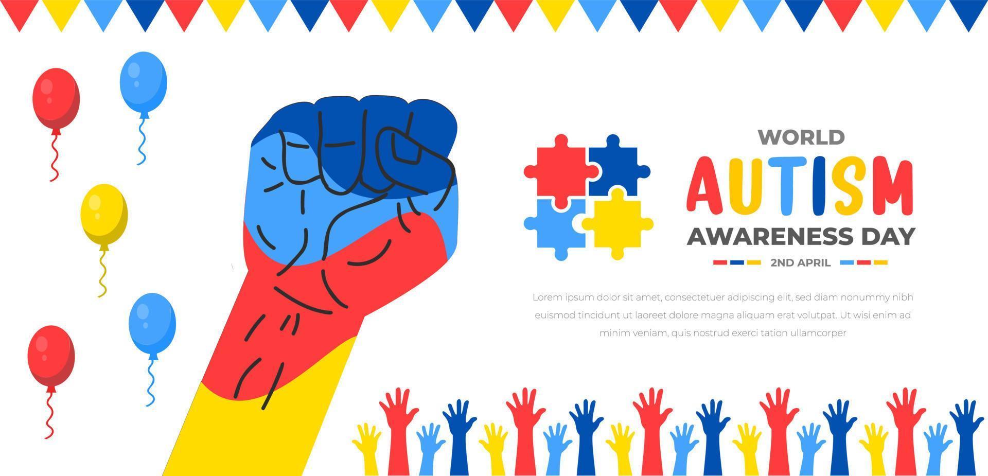 World autism awareness day background design template. World autism day colorful puzzle vector banner. Symbol of autism. autism Health care Medical flat background of April 02 celebration.