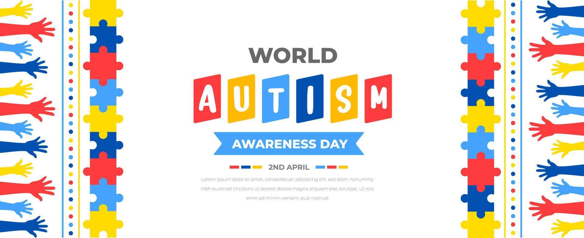 World autism awareness day background design template. World autism day colorful puzzle vector banner. Symbol of autism. autism Health care Medical flat background of April 02 celebration.