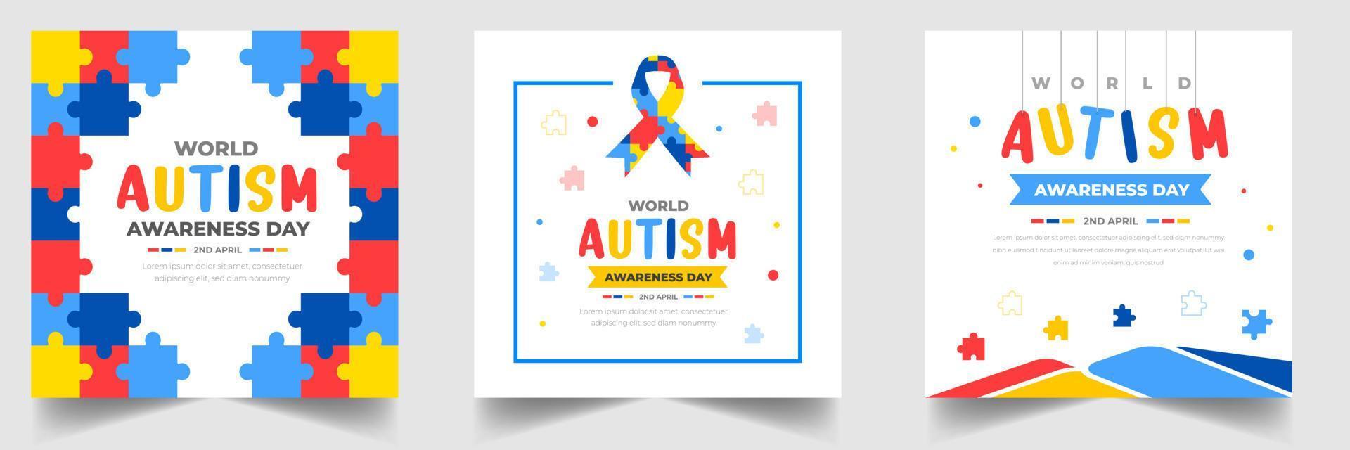World autism awareness day social media post banner design template set. World autism day colorful puzzle vector banner. Symbol of autism. autism Health care Medical flat background of April 02