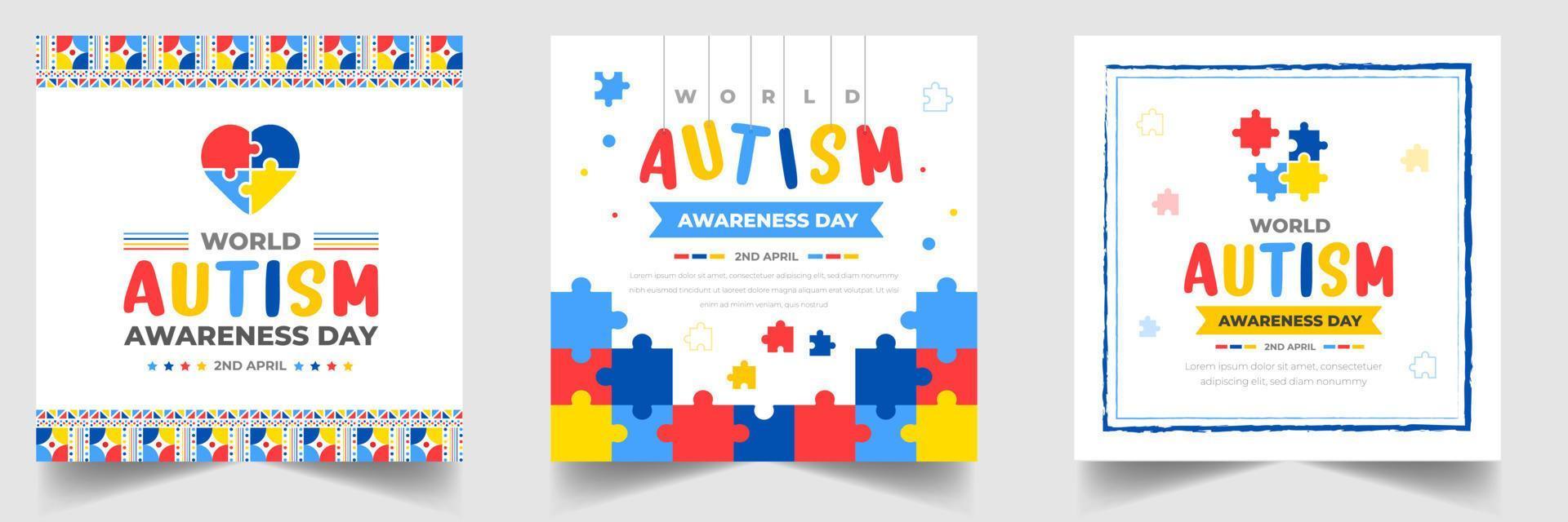 World autism awareness day social media post banner design template set. World autism day colorful puzzle vector banner. Symbol of autism. autism Health care Medical flat background of April 02