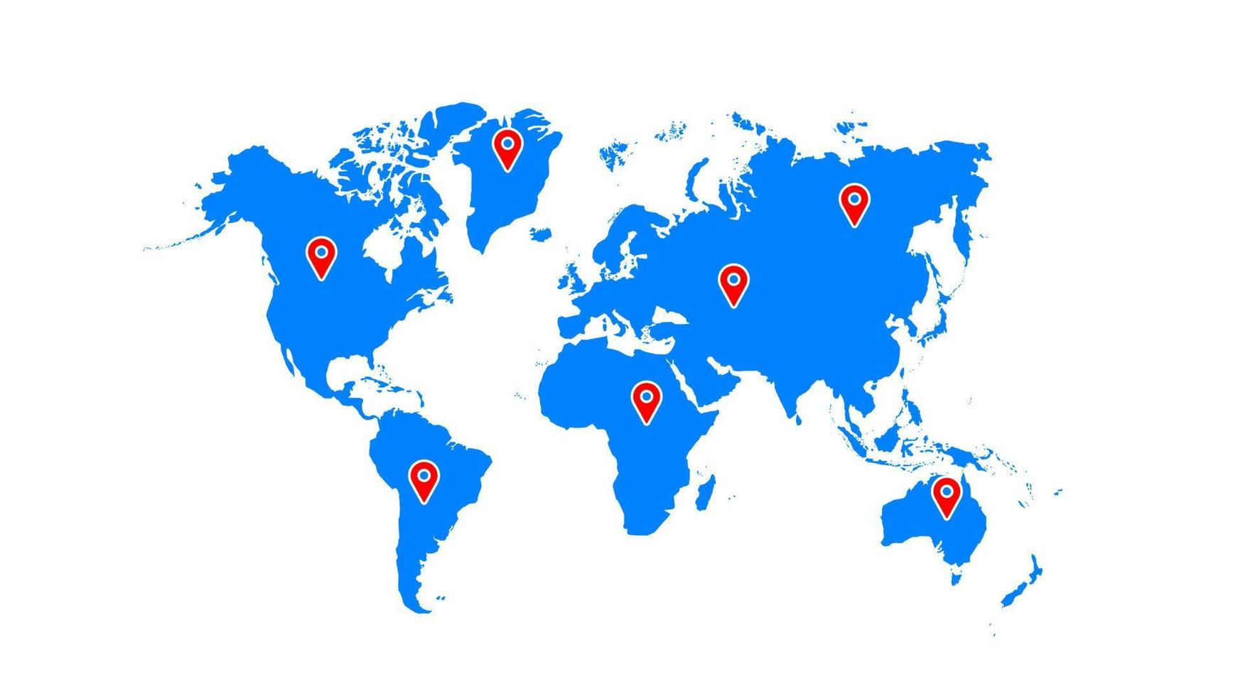 World map with location icon vector illustration. World map template with continents, North and South America, Europe and Asia, Africa and Australia