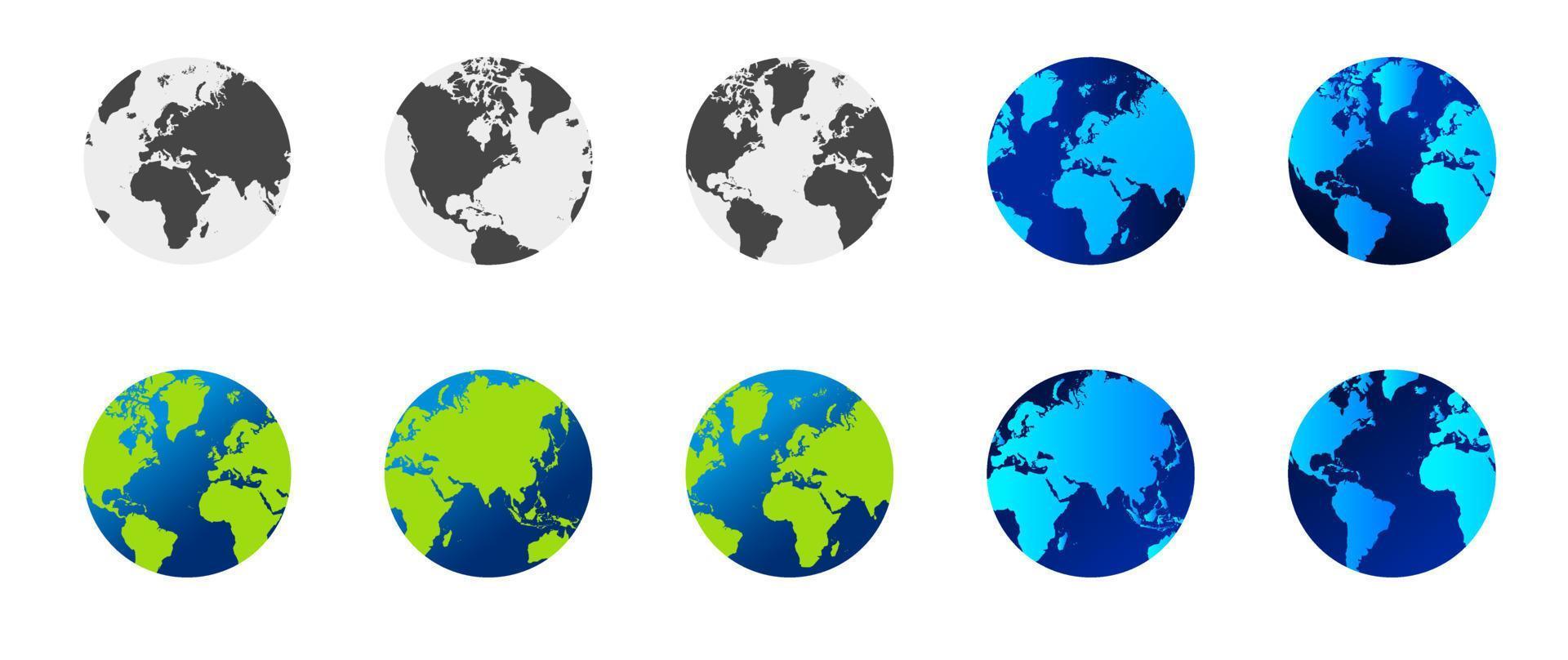 tierra globo conjunto con verde, azul y oscuro color vector ilustración. mundo globo manojo. mundo mapa en globo forma. tierra globos plano estilo.