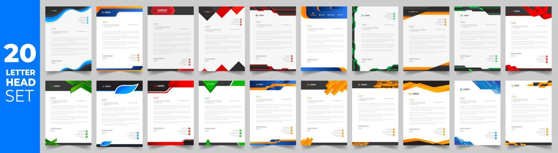 set of 20 Letterhead Bundle mega collection, Letterhead template set,  Corporate business letter head design template set with unique shape. business letterhead bundle. vector