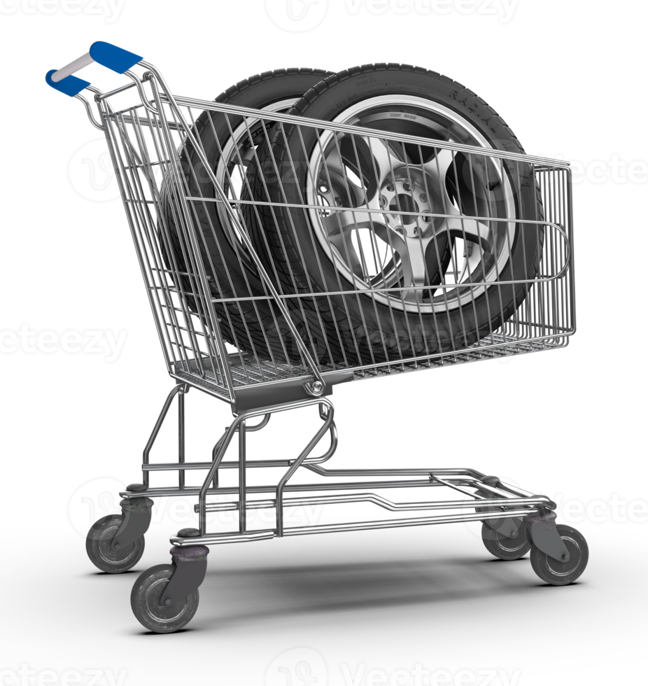 Car tires in shopping cart with shadow 3d render png