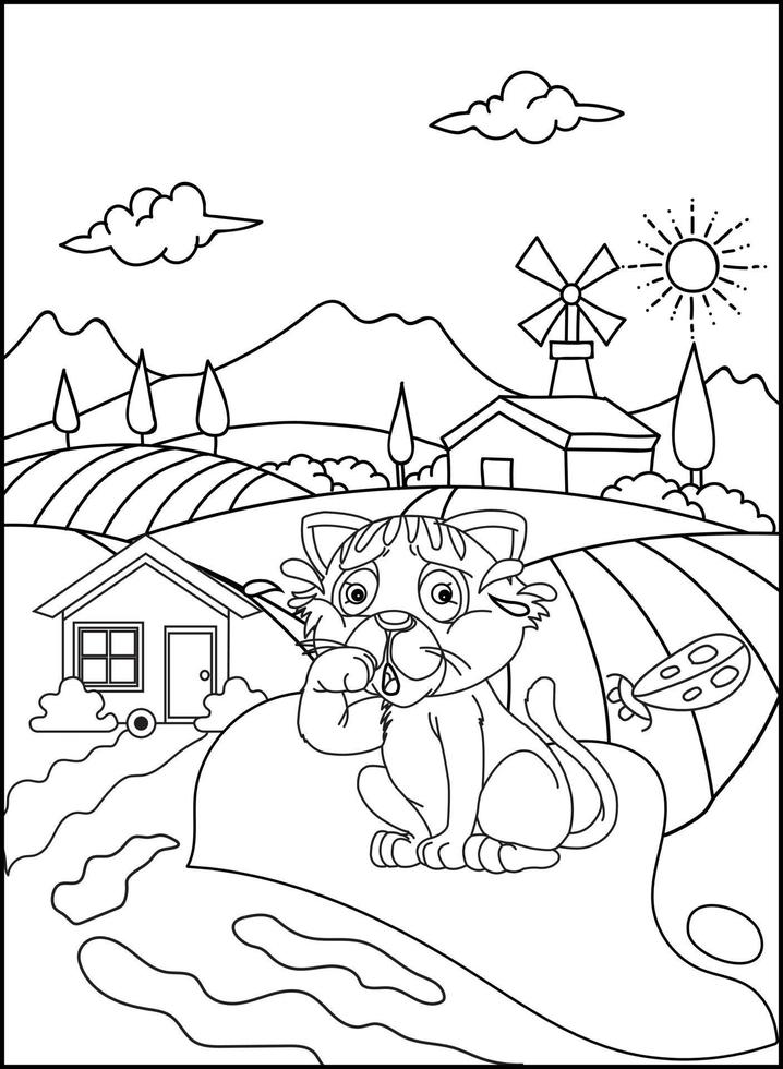 Cute cat outline coloring page for kids line drawing animal coloring book cartoon vector illustration isolated on white doodle background