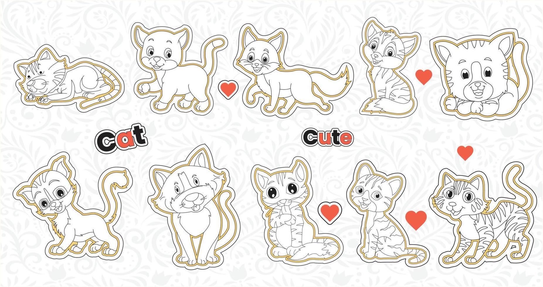 conjunto de linda enamorado gato pegatinas colección imprimible animal pegatina haz con mano dibujado dibujos animados personaje estilo gato emociones vector diseño gracioso esquivar mascotas ilustraciones para niños