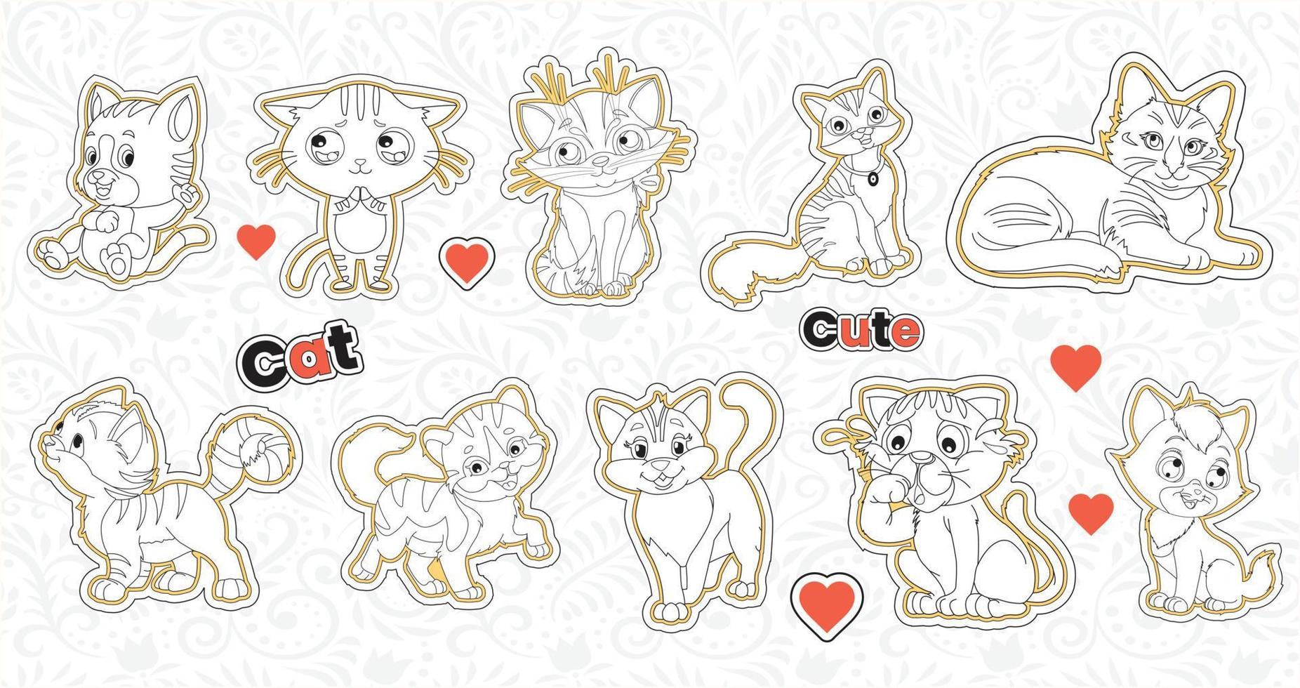 Set of cute valentine cat stickers collection printable animal sticker bundle with hand drawn cartoon character  style cat emotions vector design funny doddle pets illustrations for kids