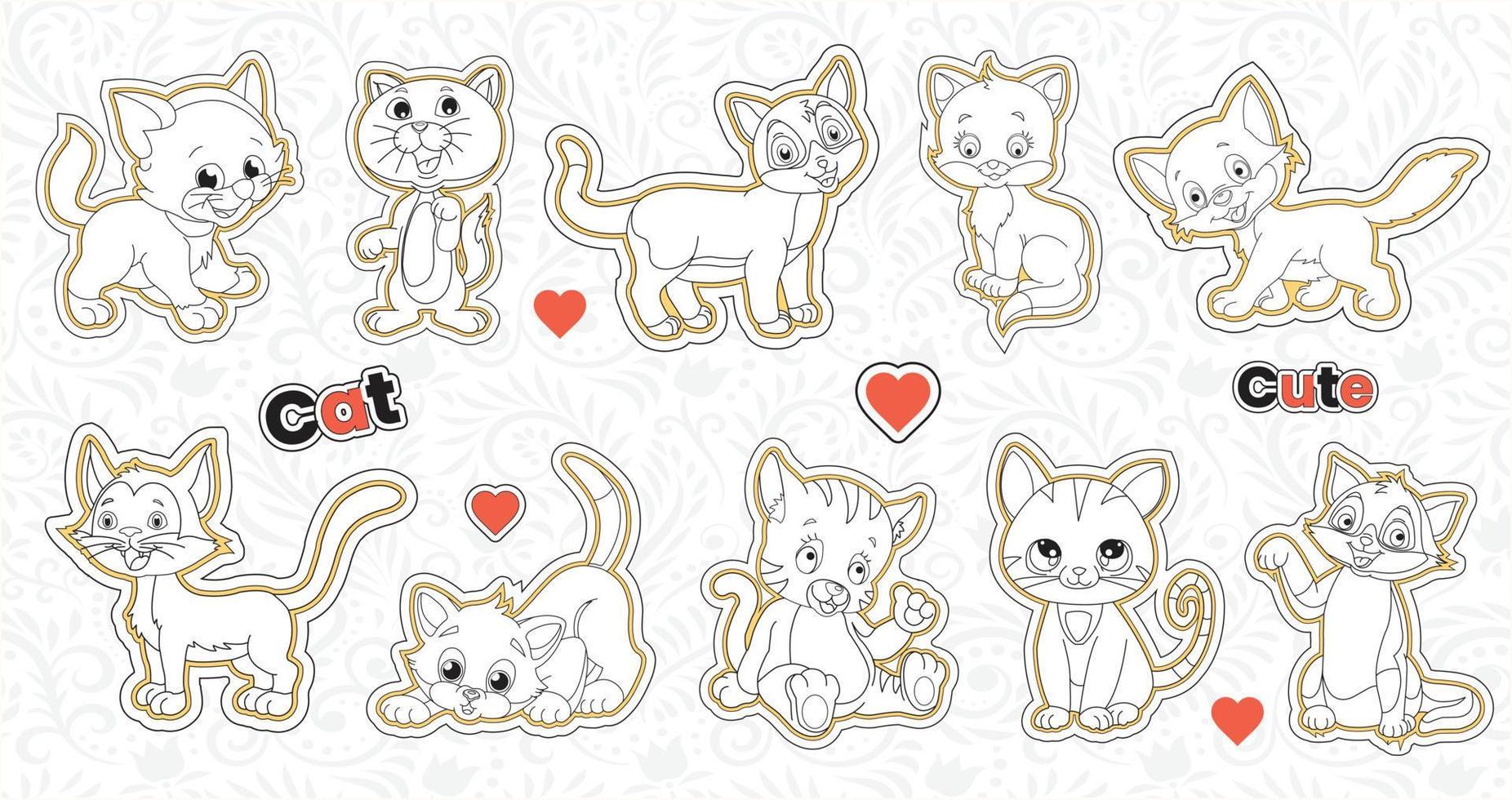 Set of cute valentine cat stickers collection printable animal sticker bundle with hand drawn cartoon character  style cat emotions vector design funny doddle pets illustrations for kids