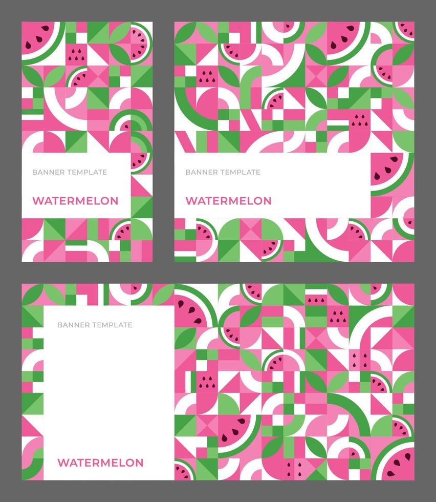 Set of vector templates for banner with watermelon in Bauhaus style. Seamless repeating pattern with copy space for ad, stories, social media. Abstract geometric background. Simple shapes, mosaic