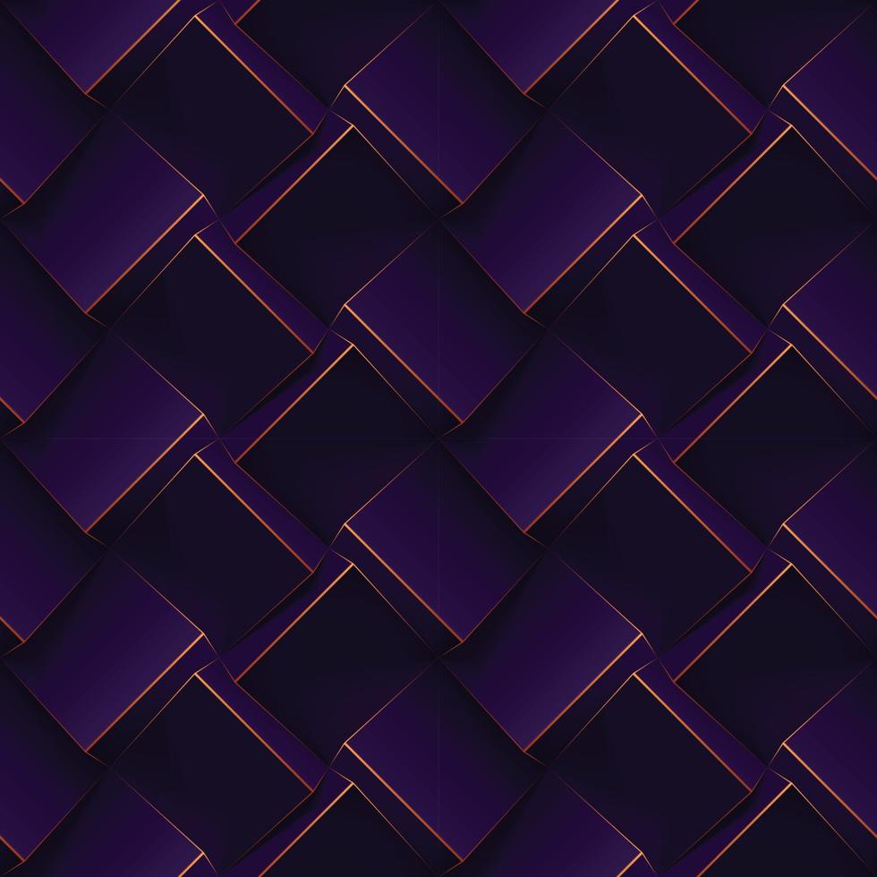 Dark purple seamless geometric pattern. Realistic 3d cubes with thin golden lines. Vector template for for wallpapers, textile, fabric, wrapping paper, backgrounds. Texture with volume extrude effect.