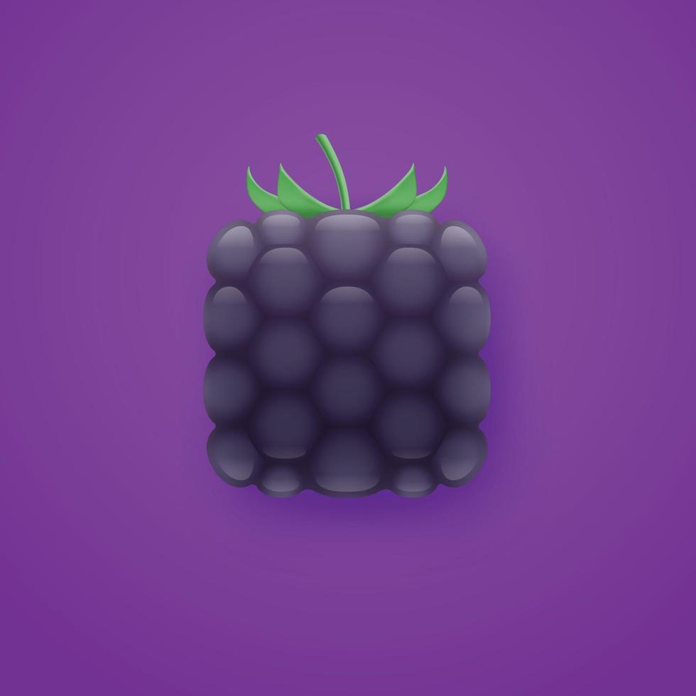 Vector icon of square blackberry with leaves. 3D cartoon illustration with dark purple fresh berry isolated on violet background for logo, mobile app, print, vegetable, fruit, eco natural food store