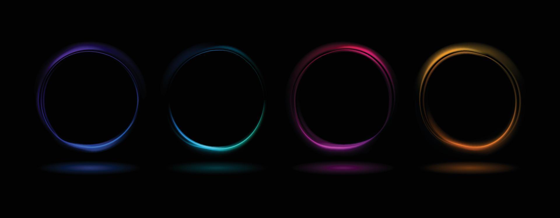 Colorful glowing dynamic waves in circle shape with reflection isolated on black background. Abstract vector illustration of neon round frames. Luminous portal. Freezelight.