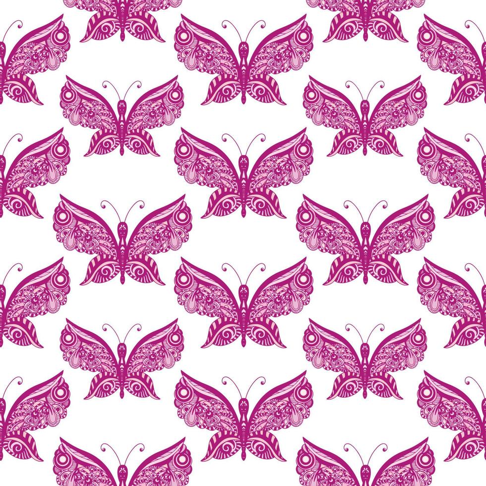 Seamless pattern of butterflies. Butterflies in the zentangle style. Vector illustration, white background.