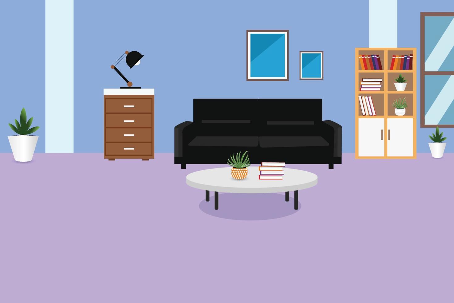 Home living room interior with Comfortable sofa and bookcase Vector flat illustration