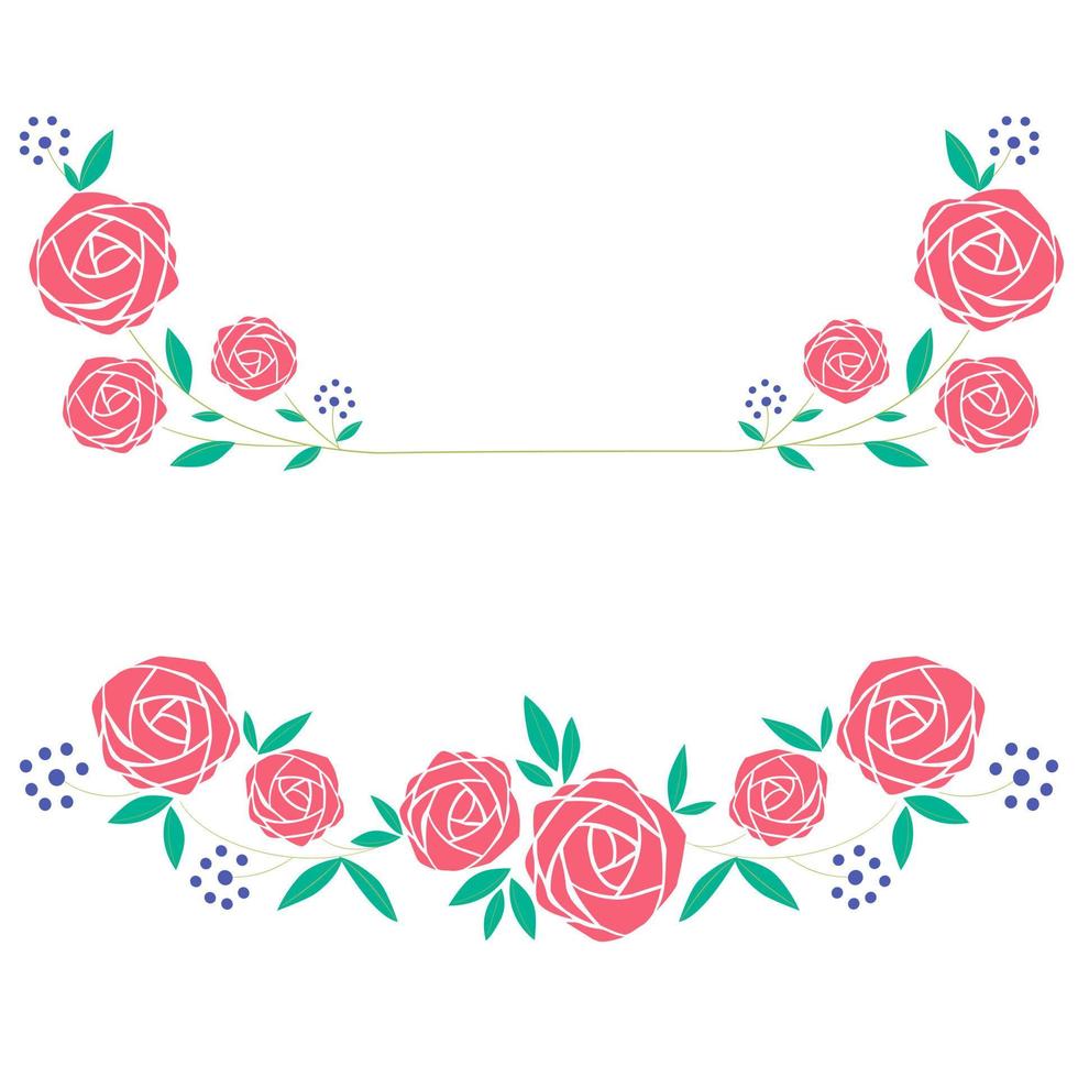 Set a floral border with a wreath of green leaves and pink flowers for a wedding card, a greeting card, or decorative artwork. vector