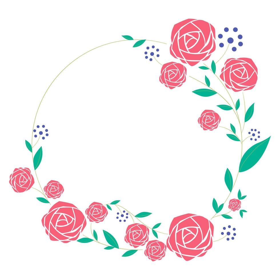Set a floral border with a wreath of green leaves and pink flowers for a wedding card, a greeting card, or decorative artwork. vector