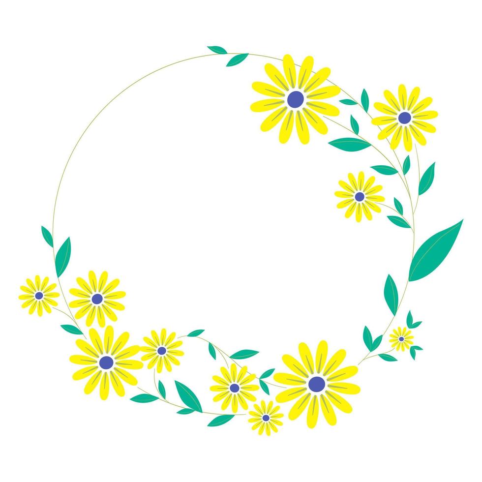 Set a floral border with a wreath of green leaves and yellow flowers for a wedding card, a greeting card, or decorative artwork. vector