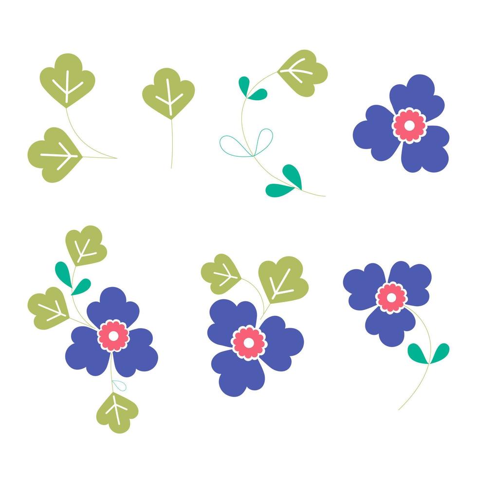 Set a floral border with a wreath of green leaves and blue flowers for a wedding card, a greeting card, or decorative artwork. vector