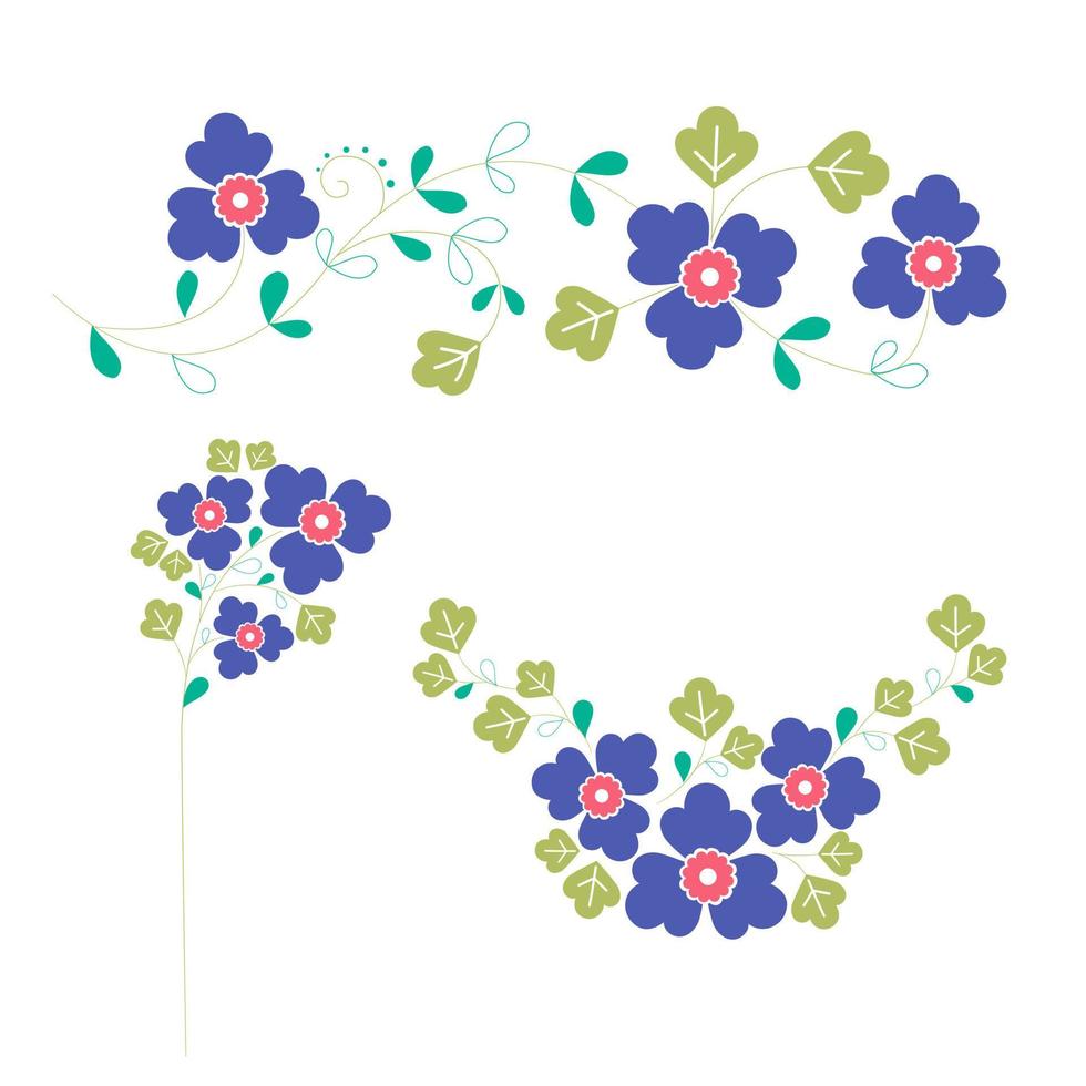 Set a floral border with a wreath of green leaves and blue flowers for a wedding card, a greeting card, or decorative artwork. vector