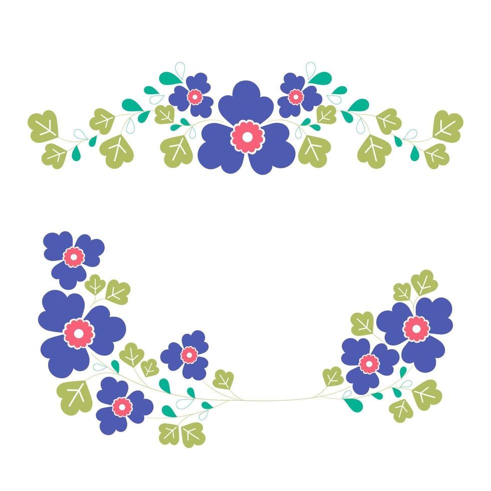 Set a floral border with a wreath of green leaves and blue flowers for a wedding card, a greeting card, or decorative artwork. vector