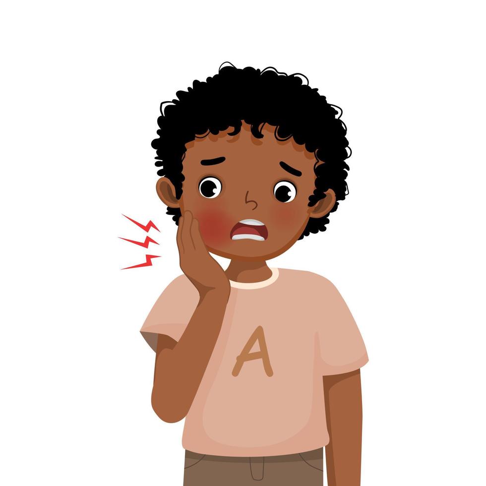 Cute little African boy suffering from toothache touching his cheek feeling painful vector