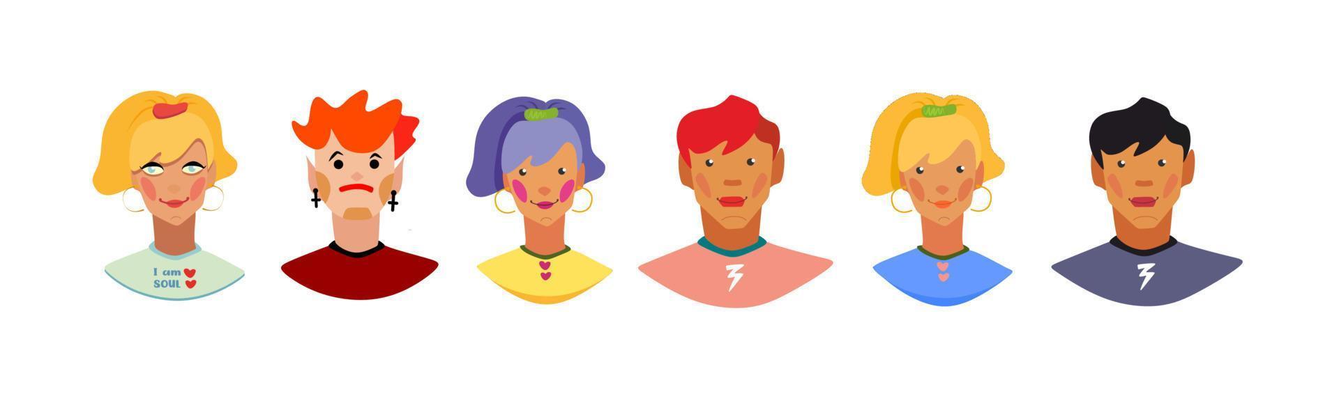 Six teenage characters with different hairstyles, skin color. Bright, cartoon portraits.Icons of people, flat style. Cute faces of children. Multicolored hair. Stylish, beautiful characters. Avatars vector