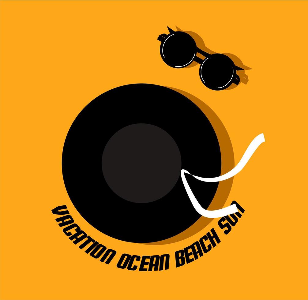 Black hat and black glasses on a rich yellow background. Stylish illustration. Beach theme. accessories. vector