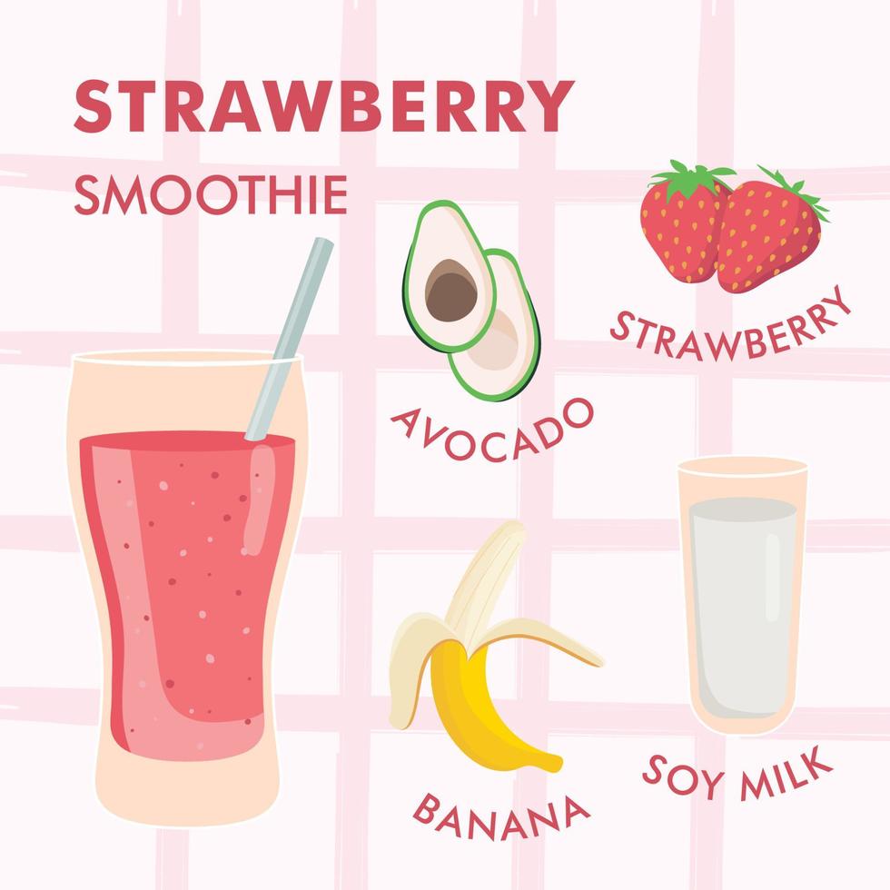 Illustration of healthy vegan strawberry smoothie recipe with ingredients on light background. Can be used as menu element for cafe or restaurant. vector