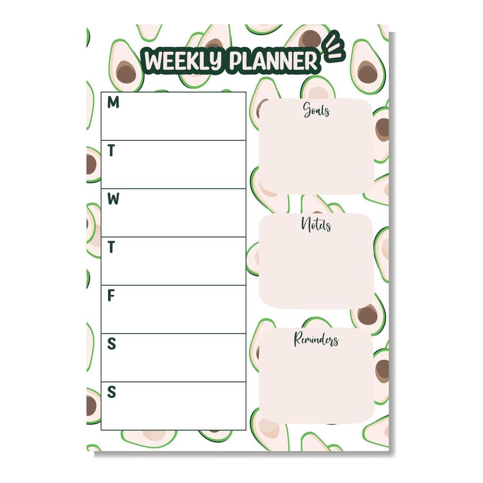 Weekly planner list, note paper, to do list decorated with avocado pattern and inspirational quote. School scheduler and organizer. Flat vector