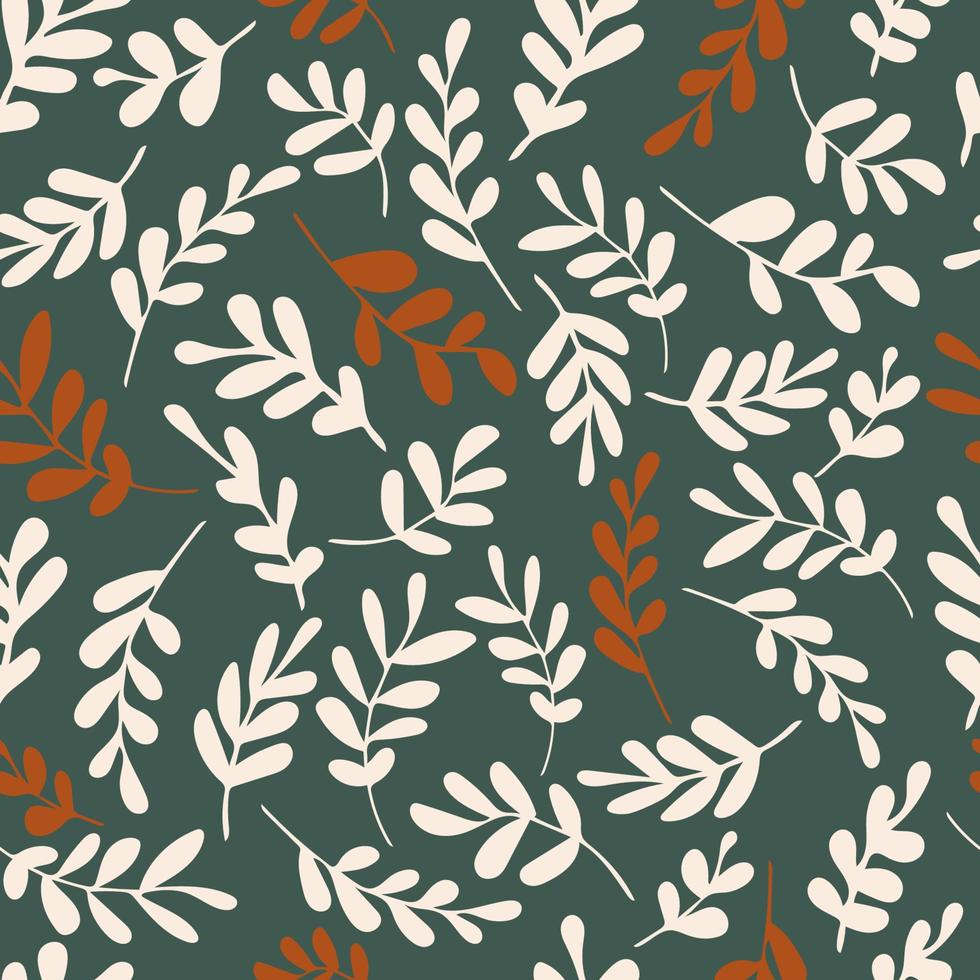 Silhouettes of doodle leaves seamless pattern. Vector hand drawn illustration in simple scandinavian doodle cartoon style. Isolated beige and red branches on a dark green background.
