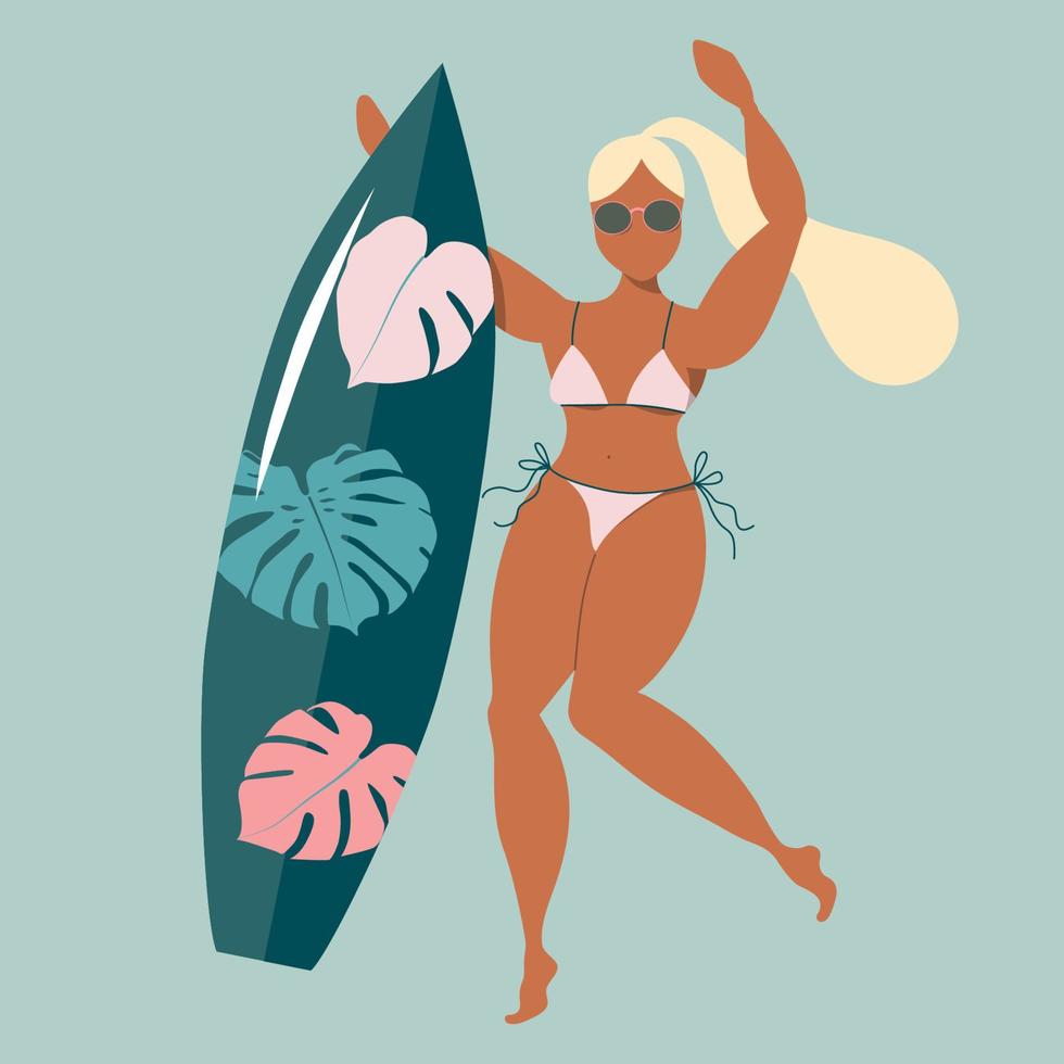 Blond girl with surfboard. Woman with surfing board. Tanned female surfer with print board. Active summer sports vector illustration. Modern poster design for web and print.