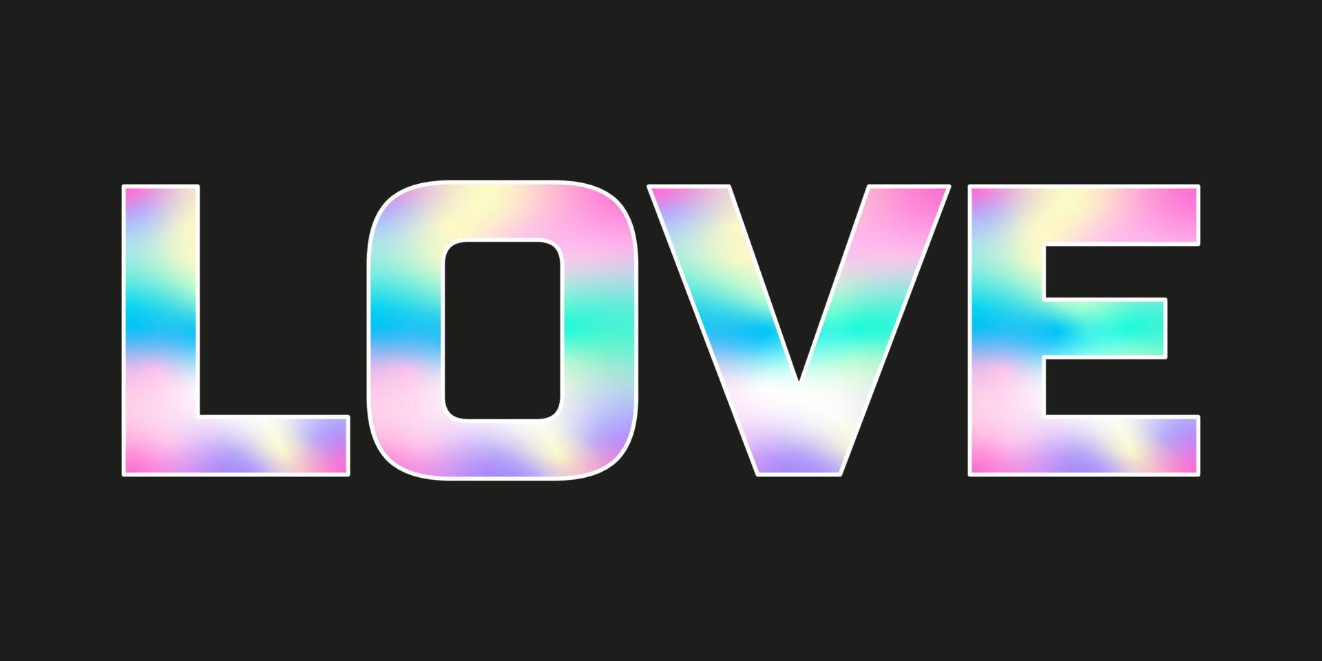 Holographic Love sticker for Valentines day. Hologram label of different shapes. Vector sticker for design mockups. Holographic textured sticker for preview tags, labels