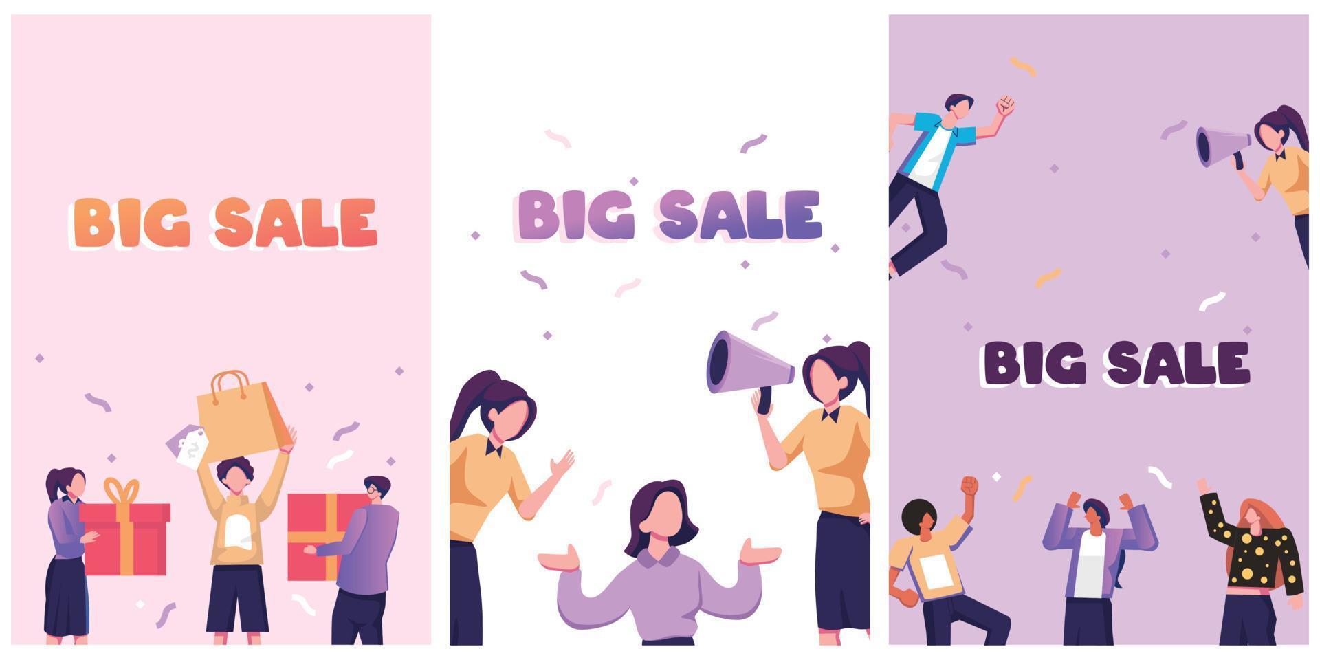 Big sale banners designs. Ad backgrounds for shopping event promotion. Advertisement templates set with happy people announcing price off, discount with loudspeaker. Colored flat vector illustrations