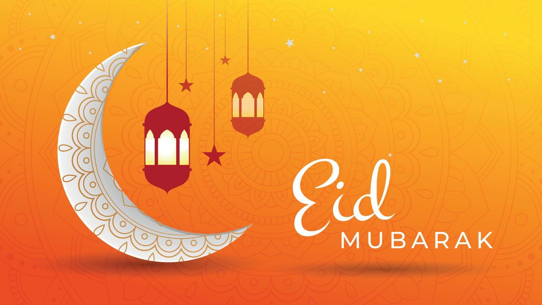 Eid Mubarak islamic design with crescent moon, Orange color background vector