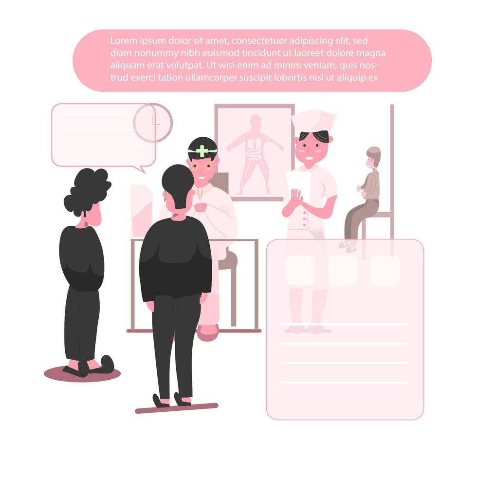 People talking in front of the doctor. Vector illustration in flat style