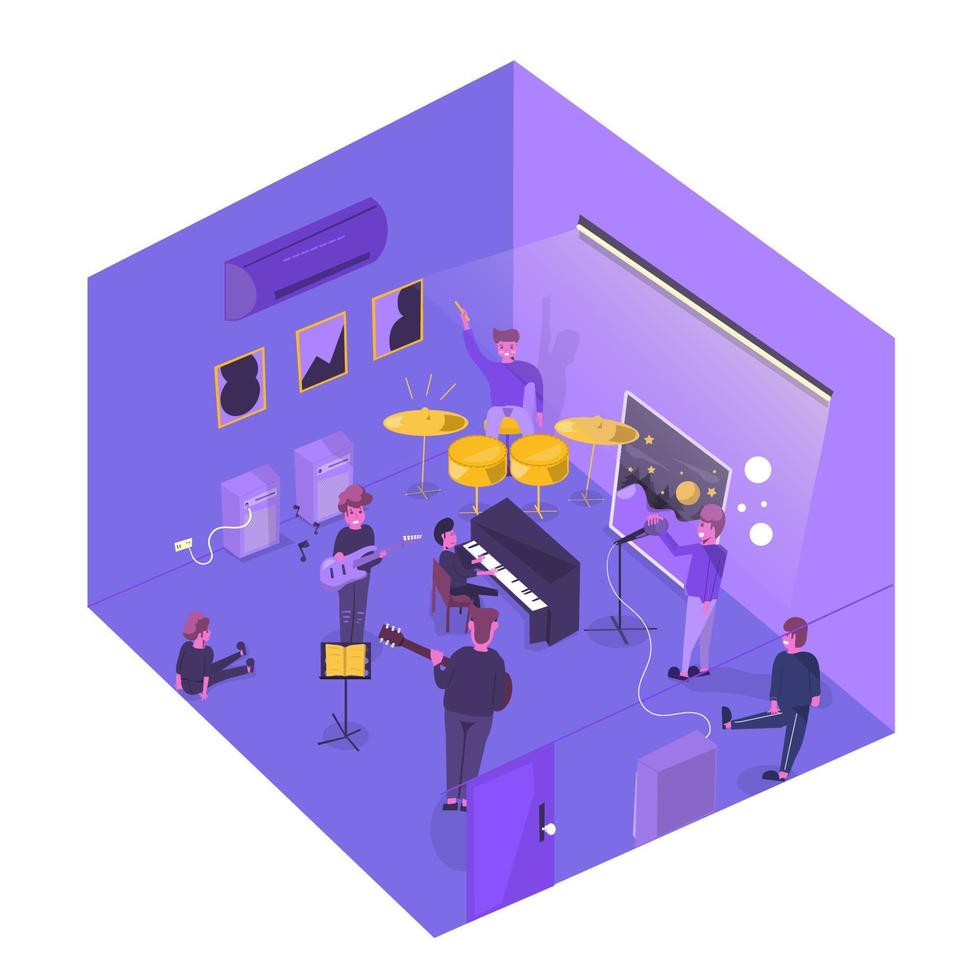 Musical school isometric composition with people playing instruments and singing on stage vector illustration