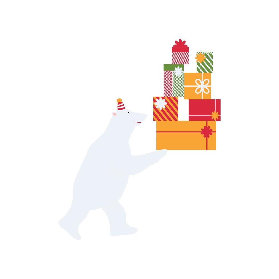 un blanco polar oso lleva cajas con Navidad regalos. linda para niños nuevo año ilustración vector