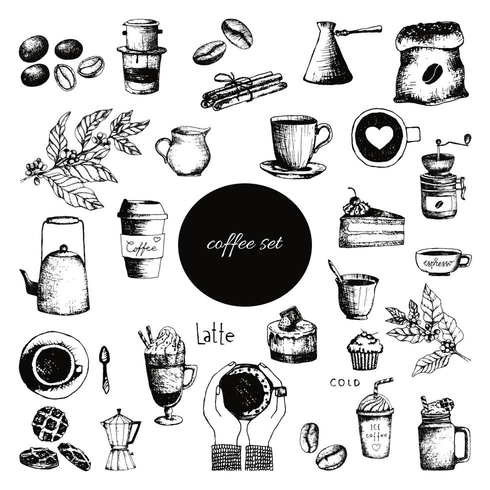 Coffee and cups and cakes and grains, coffee-tree and berries and cezve, cinnamone. A cup of coffee or latte or cappuccino and tea. Pencil drawn in vintage engraving style vector