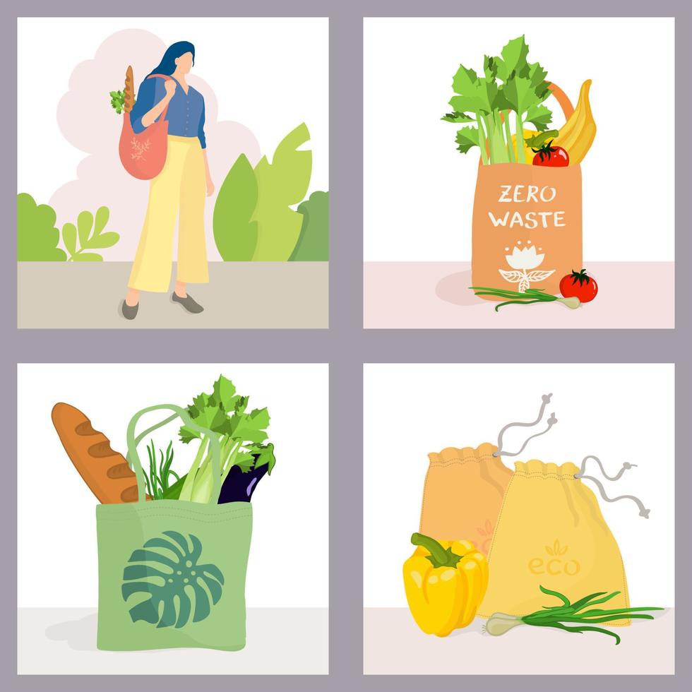Collection of eco-friendly fabric bags with vegetables, fruits and herbs. Woman lifestyle with zero waste uses reusable bags for shopping in the store. vector