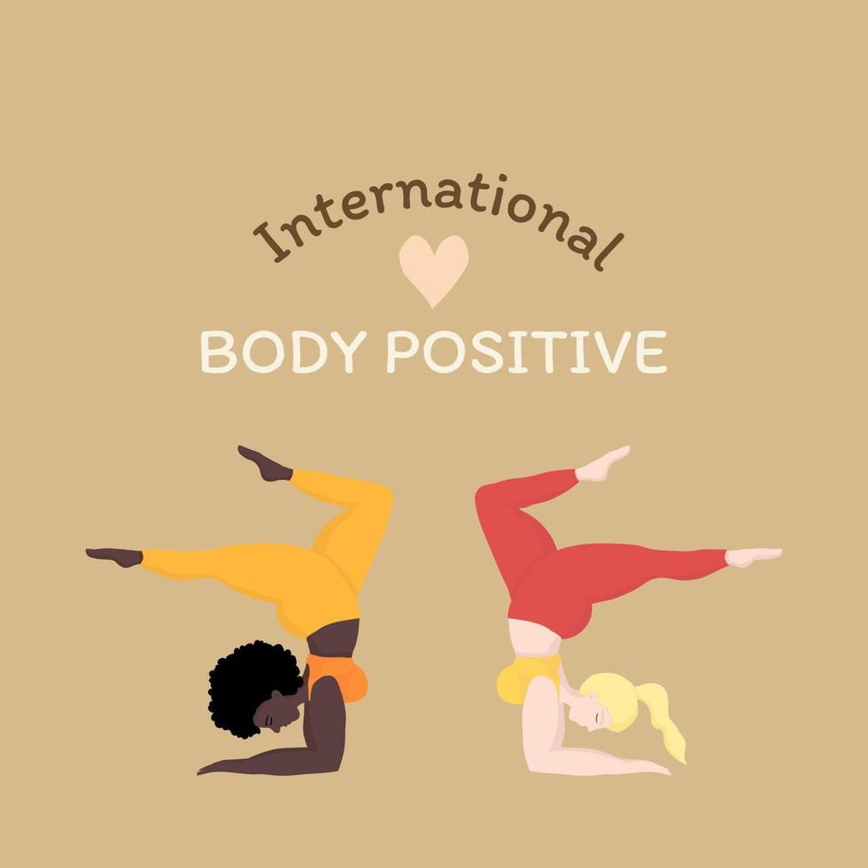 vector ilustración con 2 contento de gran tamaño mujer en yoga posiciones parada de manos internacional cuerpo positivo. Deportes y salud cuerpo positivo concepto para tarjeta postal, yoga clases, camiseta activo estilo de vida