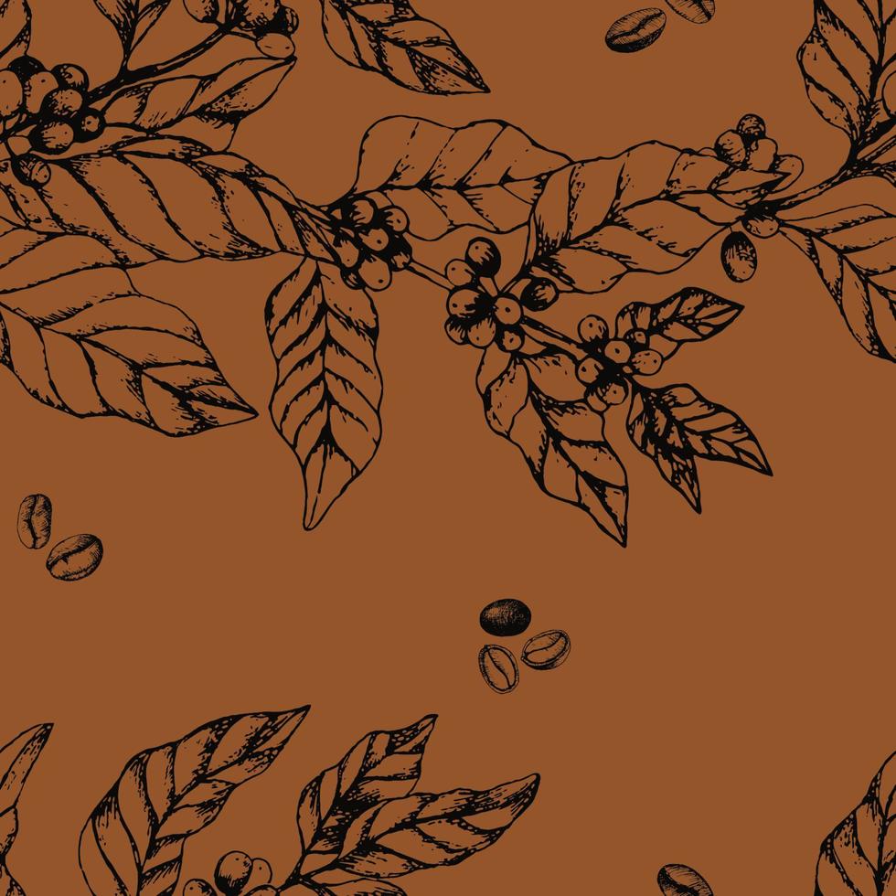 Vector seamless pattern with coffee branches. Illustration of leaves and berries of coffee in sketch engraving style. Vintage brown background with leaves and coffee.