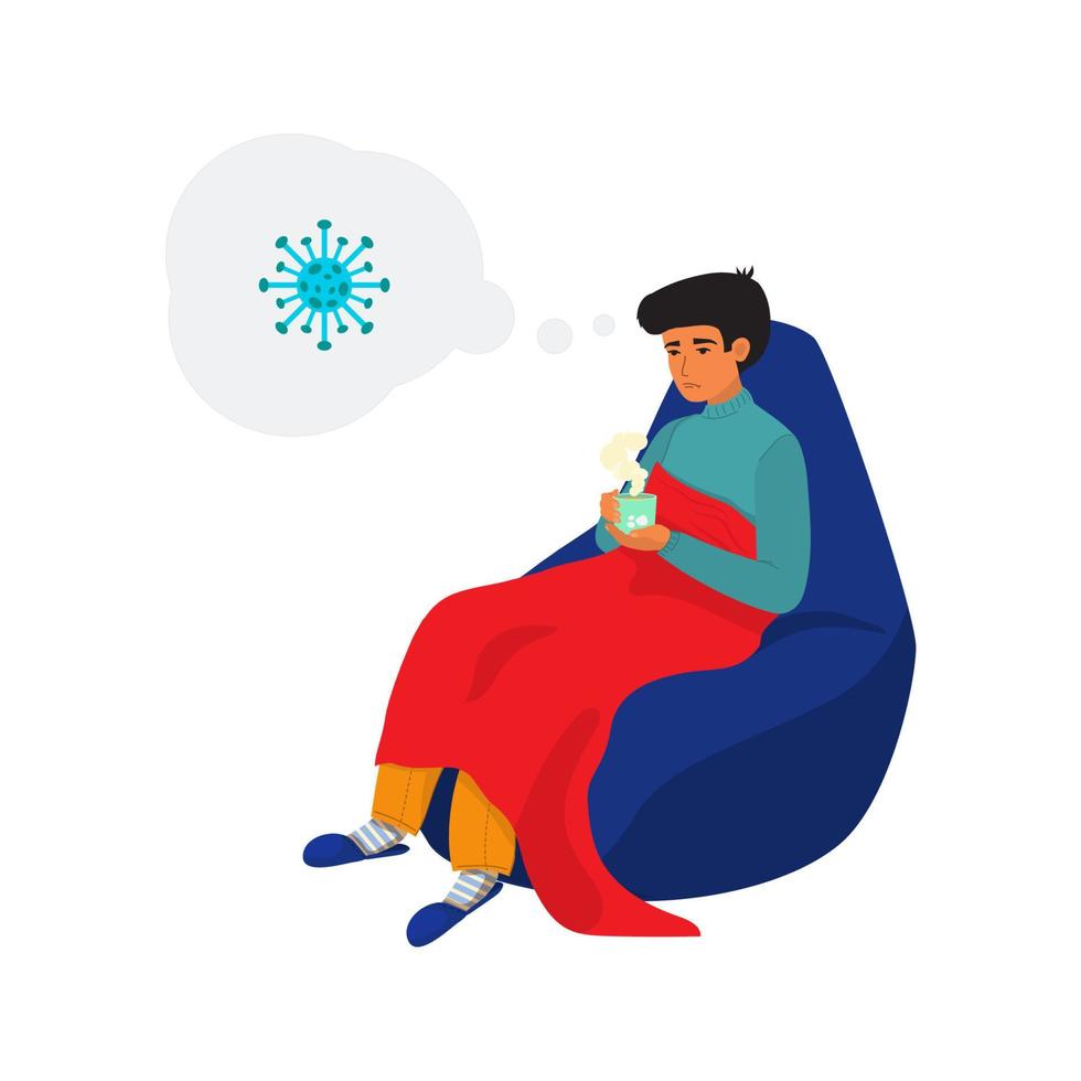 Man gets sick and sitting on a chair-bag covered with a red plaid. The guy drinks a hot drink. Virus danger concept, high fever, signs of illness vector
