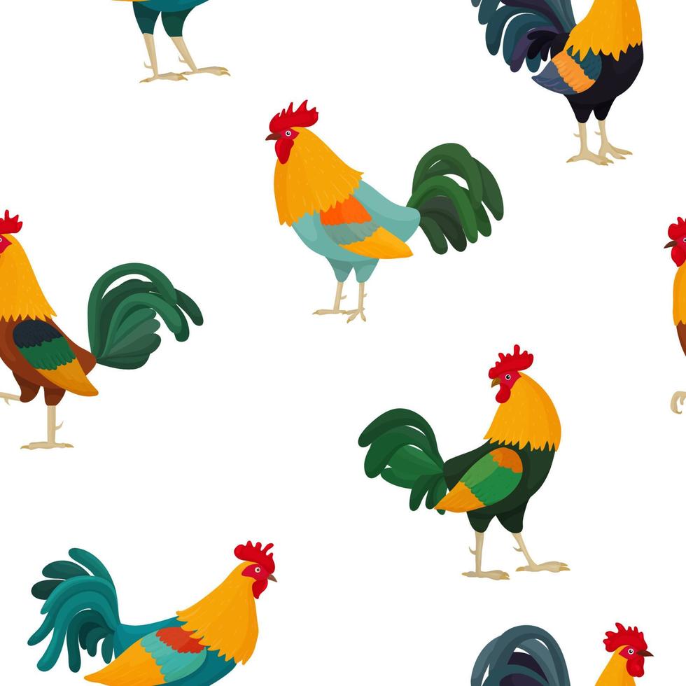 Vector illustration of a seamless pattern with roosters in cartoon style on white. Design of baby fabric, stationery or wrapping paper for Easter