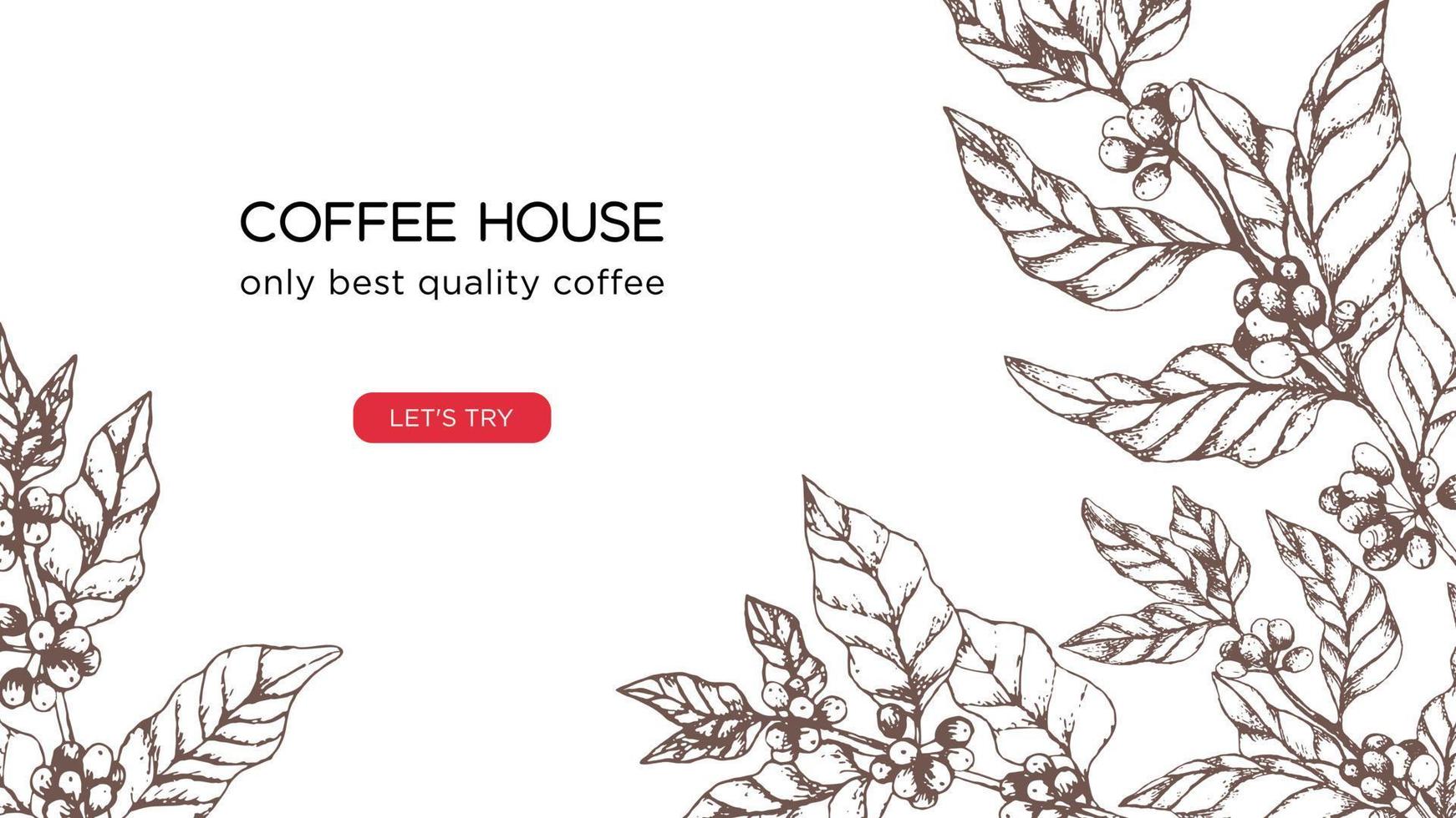 Template for coffee business, hoffee house website screen. Concept with coffee tree and berries on white background. Illustration for landing page or banner, flyer or blog post. vector