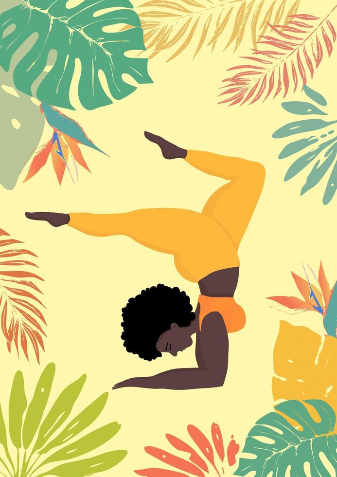 contento africano un de gran tamaño mujer en yoga posición en tropical exótico antecedentes. Deportes y salud cuerpo positivo concepto para tarjeta postal, yoga clases camiseta activo estilo de vida vector