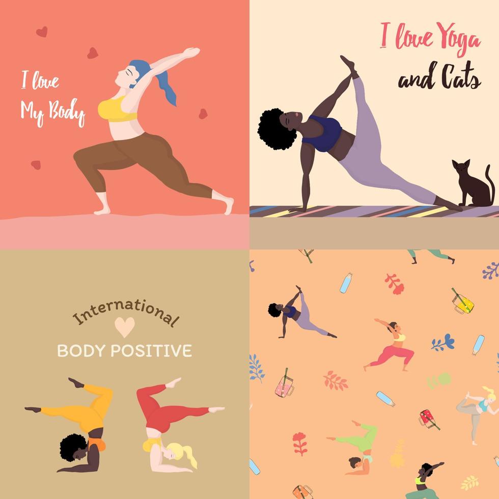 contento de gran tamaño mujer en yoga posición para motivación. yo amor yoga y mi cuerpo. Deportes y salud cuerpo positivo concepto para tarjeta postal, yoga clases camiseta activo estilo de vida vector