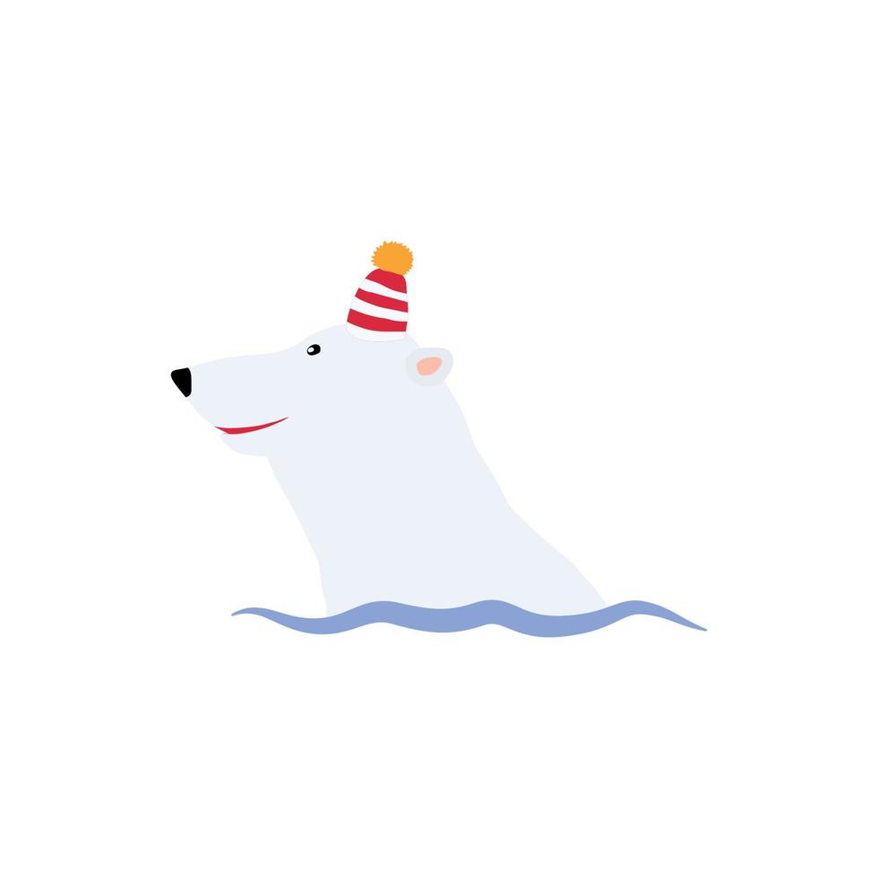 White polar bear swims in the sea. Bear in a hat with a pom-pom. Cute baby illustration vector