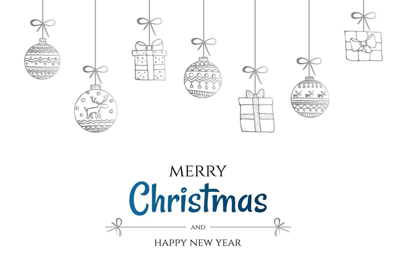 Merry Christmas and happy new year vector poster or greeting card design with hand drawn doodles elements. Present box and balls. Xmas banner with silver and blue gradient.