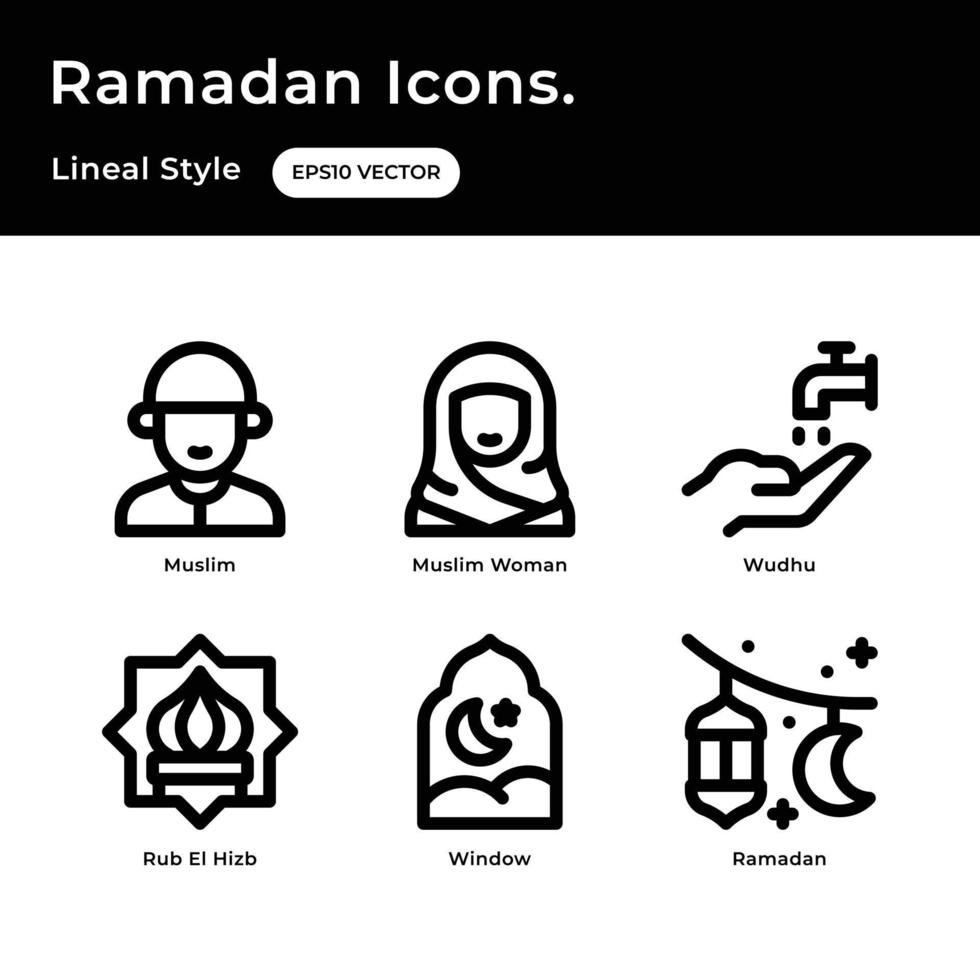 Ramadán icono conjunto con contorno estilo con musulmán icono, musulmán mujer, Lavado mano, frotar el hizb, ventana, Ramadán vector