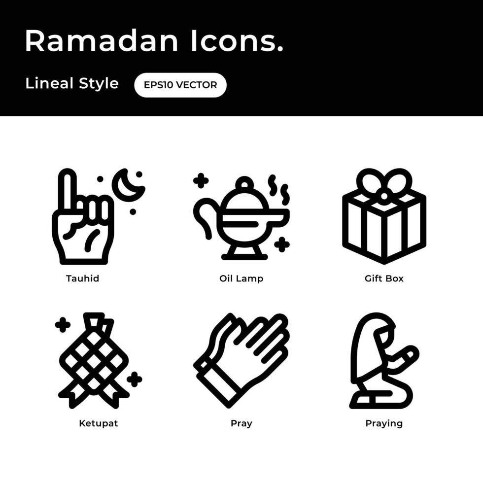 Ramadan icon set with outline style with tauhid, oil lamp, gift box, ketupat, pray, praying vector